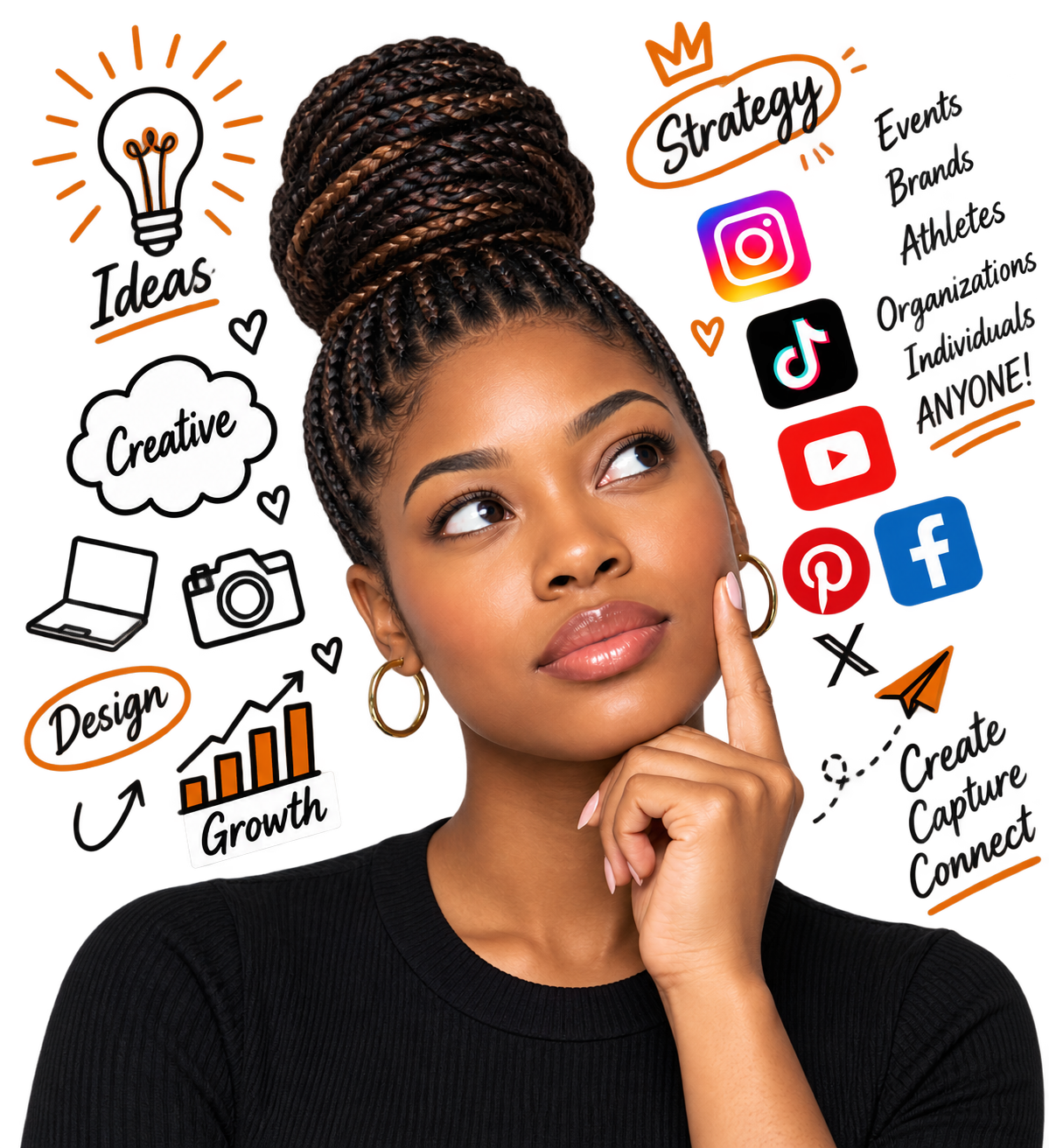 Young woman thinking surrounded by social media icons and creative ideas