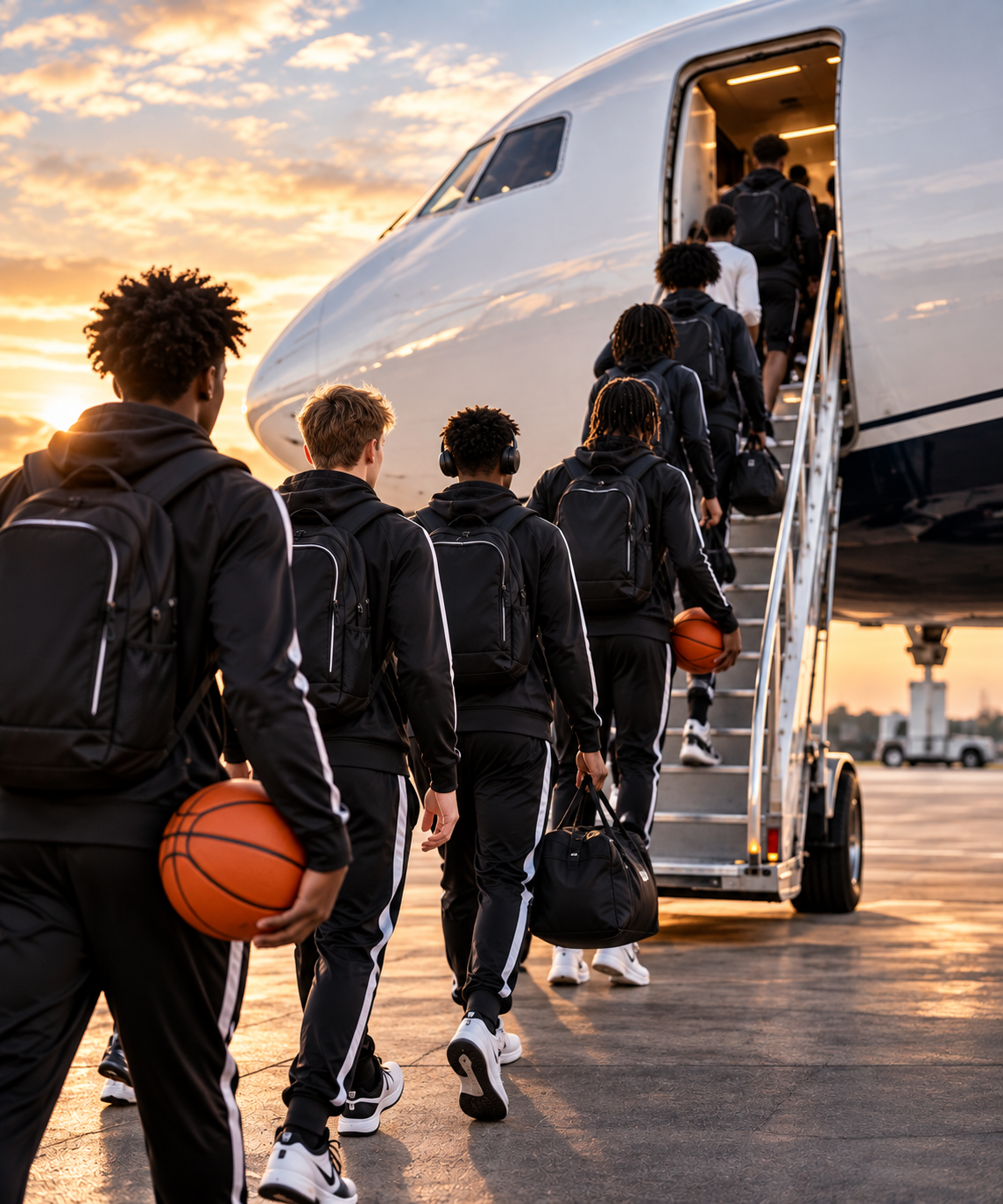 Basketball team boarding a charter airplane at golden hour